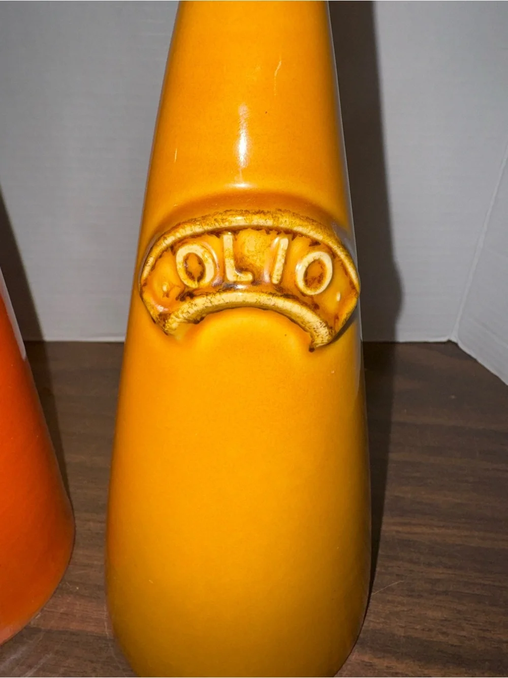 Vintage Crate & Barrel Orange/Yellow Large Olive Oil Bottles Stoneware